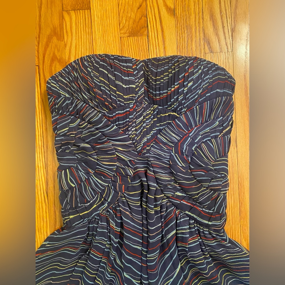 BCBG Strapless Corset Dress with Multicolor Stripes and Diaphanous Draping - Picture 3 of 12